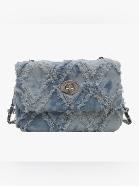 Frayed Light Blue Denim Crossbody Bag with Turn-Lock